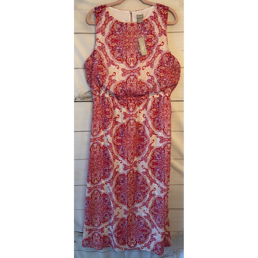 Chicos Summer Shine Maxi Dress Red Pink Paisley Metallic Shimmer Size 2 US 12